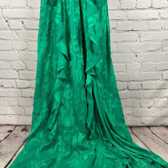 Aqua Formal Floral Burnout Chiffon Long Evening Gown Ruffle Skirt Green 0 NWT - Picture 10 of 10